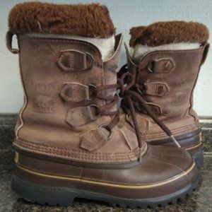 Women's 7 Sorel Caribou Brown Leather Lace Up Lined Winter Snow Boots